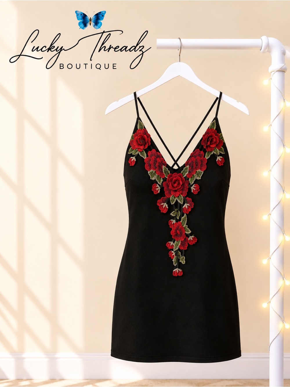 Windsor Black Embroidered Red Rose Bodycon Mini Dress S Romantic Goth Cocktail